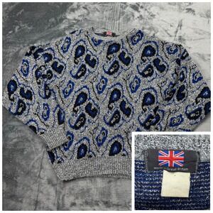 Vintage Made in Great Britain Paisley Knit Sweater Mens Medium Grey Blue Black